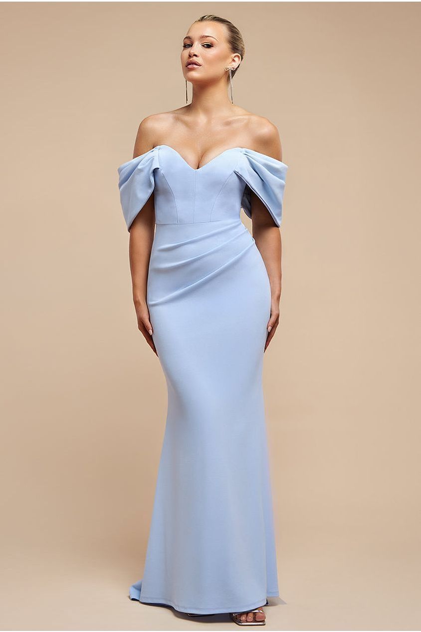 goddiva Off The Shoulder Draped Sleeve Maxi Dress - Blue by Goddiva