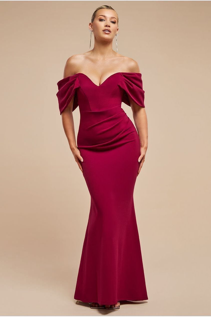 goddiva Off The Shoulder Draped Sleeve Maxi Dress - Burgundy by Goddiva