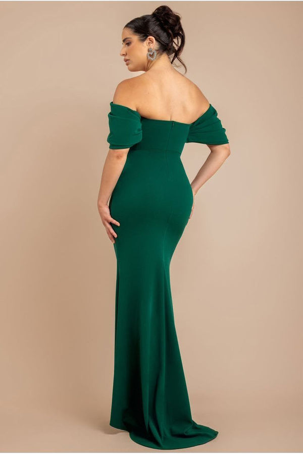 Goddiva Off The Shoulder Draped Sleeve Maxi Dress - Emerald Green By Goddiva