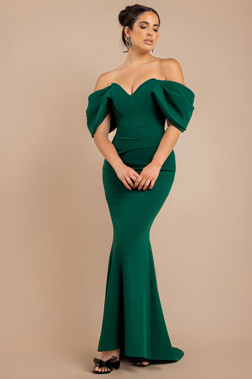 goddiva Off The Shoulder Draped Sleeve Maxi Dress - Emerald Green by Goddiva