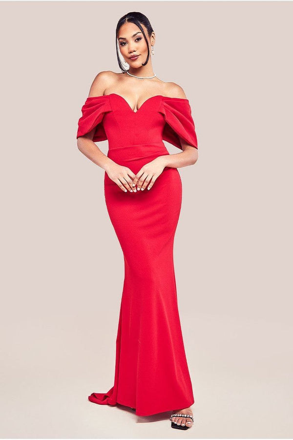 Goddiva Off The Shoulder Draped Sleeve Maxi Dress - Red By Goddiva