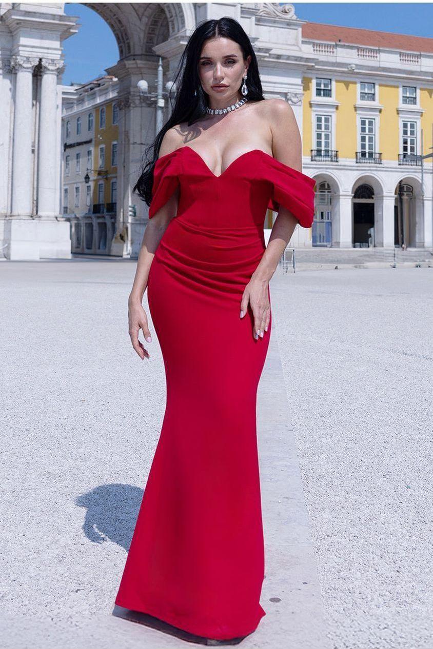 goddiva Off The Shoulder Draped Sleeve Maxi Dress - Red by Goddiva