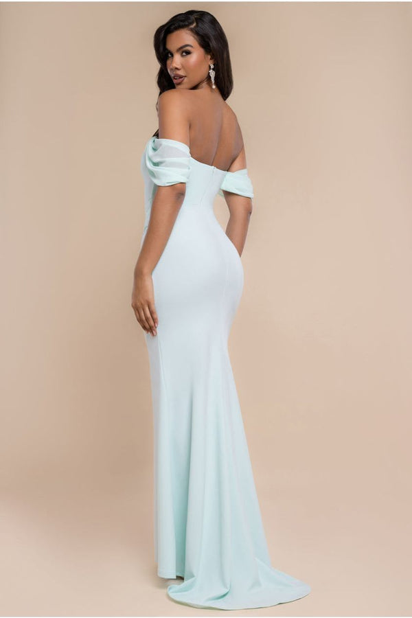 Goddiva Off The Shoulder Draped Sleeve Maxi Dress With Diamante Neckline - Mint Green By Goddiva