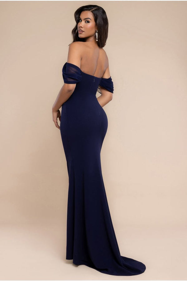 Goddiva Off The Shoulder Draped Sleeve Maxi Dress With Diamante Neckline - Navy Blue By Goddiva