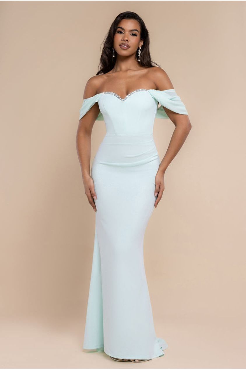 goddiva Off The Shoulder Draped Sleeve Maxi Dress With Diamante Neckline - Mint Green by Goddiva