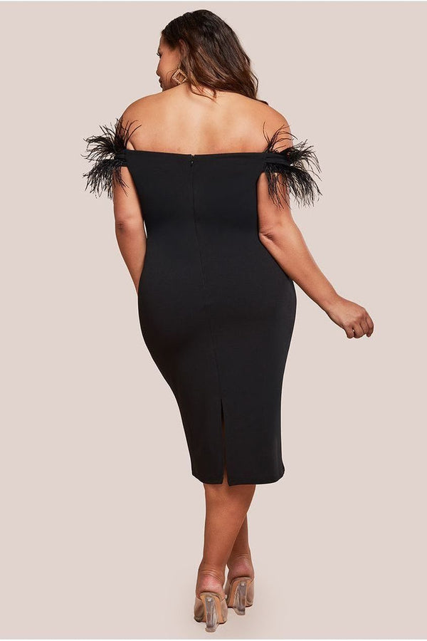 Goddiva Off The Shoulder Feather Midi Dress - Black By Goddiva Plus