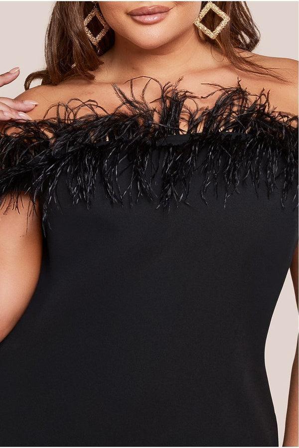 Goddiva Off The Shoulder Feather Midi Dress - Black By Goddiva Plus