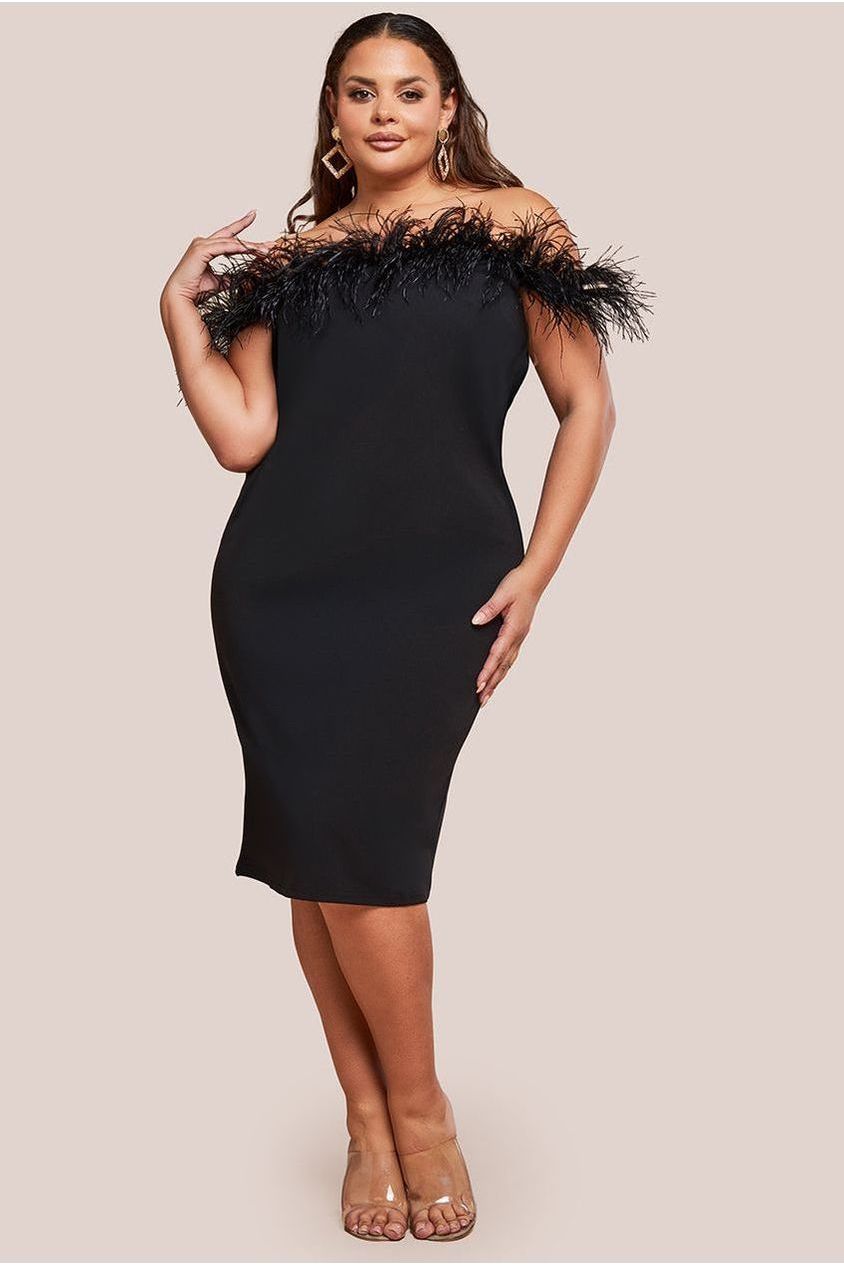 goddiva Off The Shoulder Feather Midi Dress - Black by Goddiva Plus
