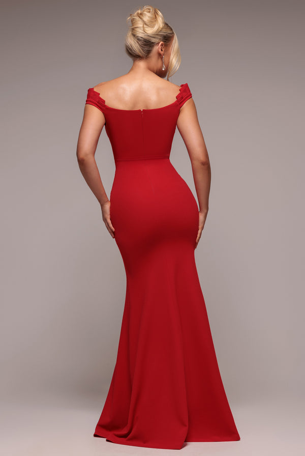 Goddiva Off The Shoulder Frill Gathered Maxi Dress - Red By Goddiva