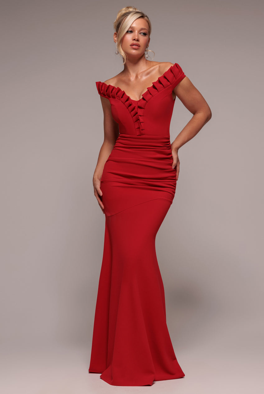 goddiva Off The Shoulder Frill Gathered Maxi Dress - Red by Goddiva