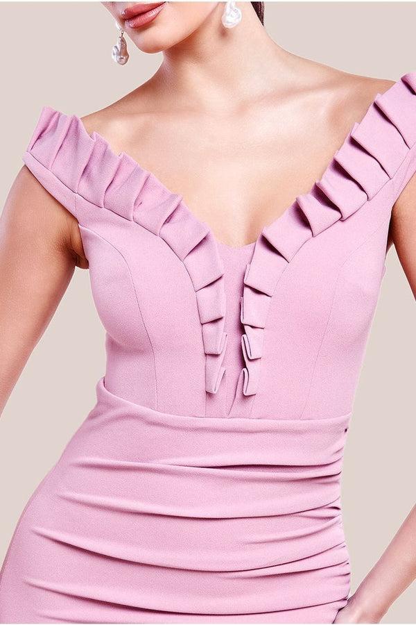 Goddiva Off The Shoulder Frill Gathered Maxi Dress - Rose Pink By Goddiva