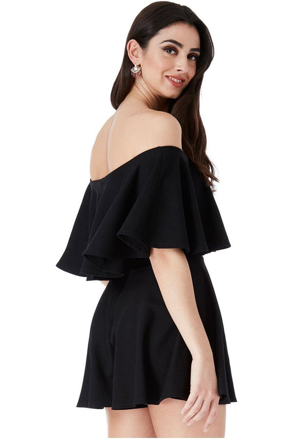 Goddiva Off The Shoulder Frill Neck Skater Playsuit - Black By Goddiva