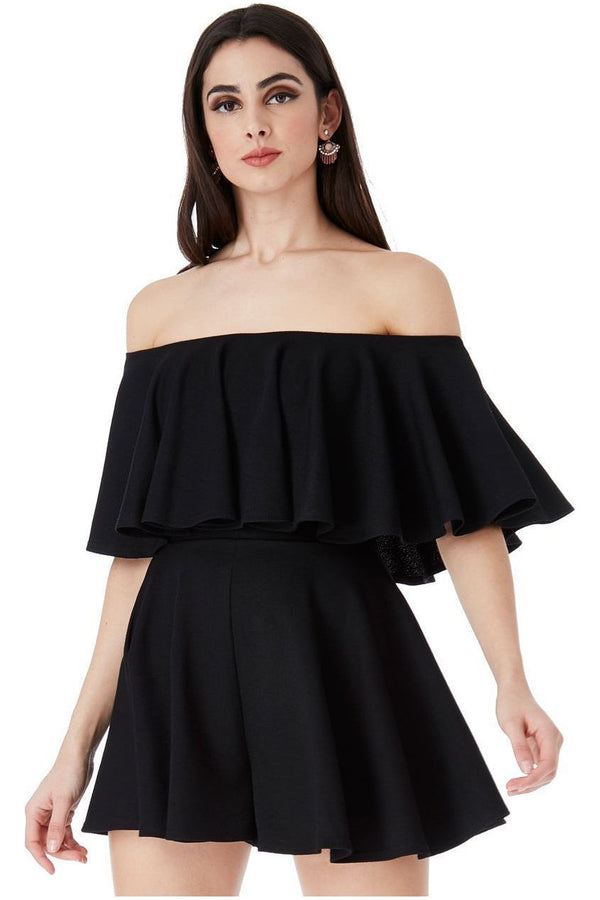 Goddiva Off The Shoulder Frill Neck Skater Playsuit - Black By Goddiva