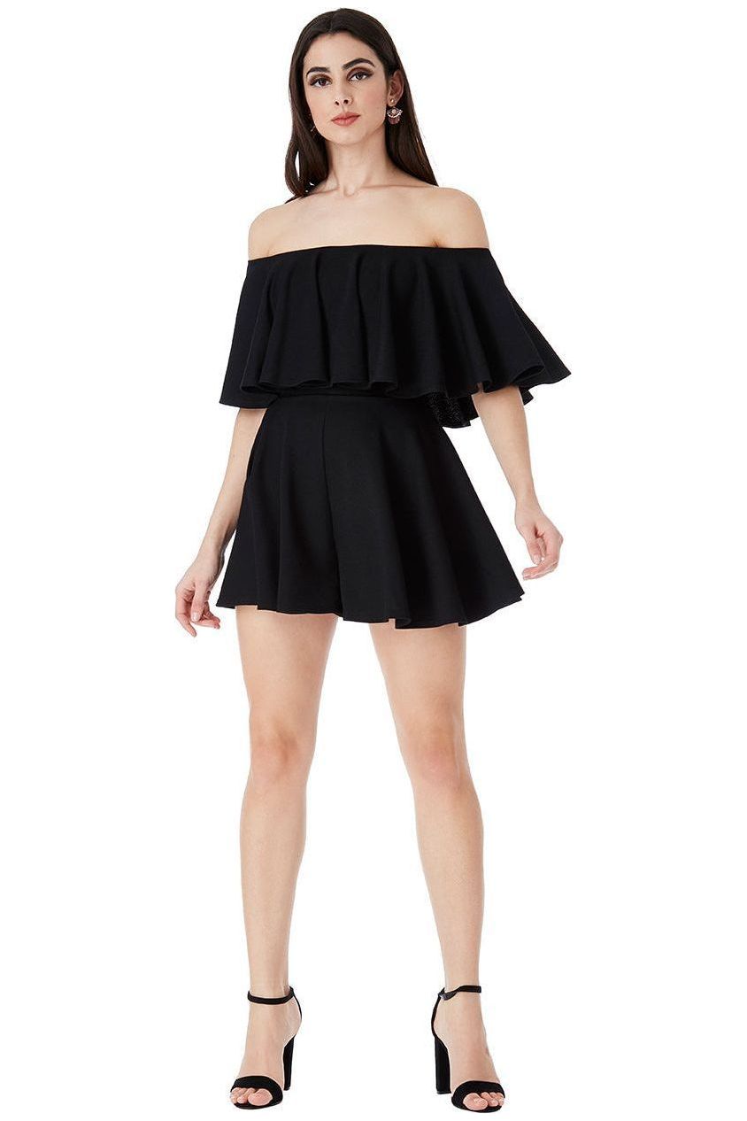 goddiva Off The Shoulder Frill Neck Skater Playsuit - Black by Goddiva