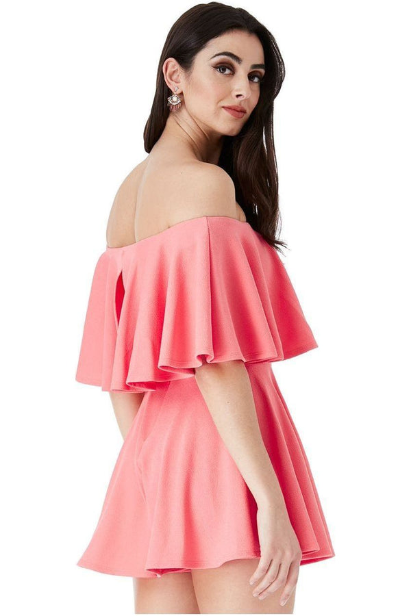Goddiva Off The Shoulder Frill Neck Skater Playsuit - Coral By Goddiva