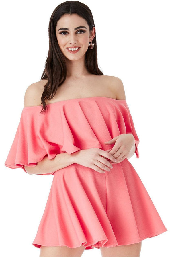 Goddiva Off The Shoulder Frill Neck Skater Playsuit - Coral By Goddiva
