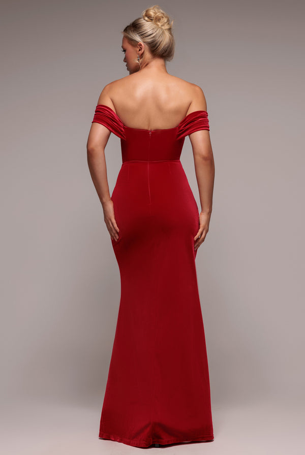 Goddiva Off The Shoulder Front Split Velvet Maxi Dress - Red By Goddiva