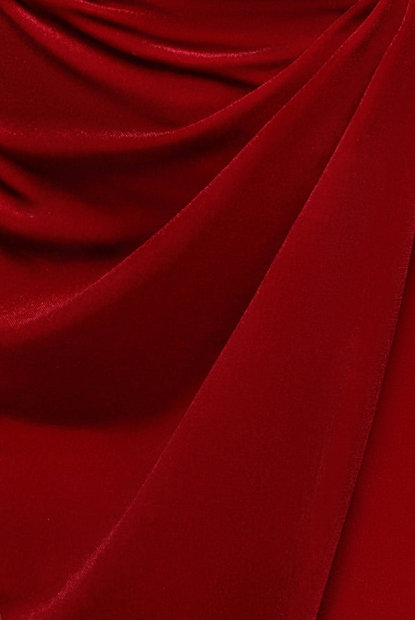 Goddiva Off The Shoulder Front Split Velvet Maxi Dress - Red By Goddiva