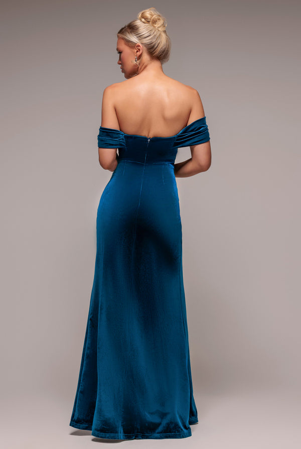 Goddiva Off The Shoulder Front Split Velvet Maxi Dress - Teal By Goddiva