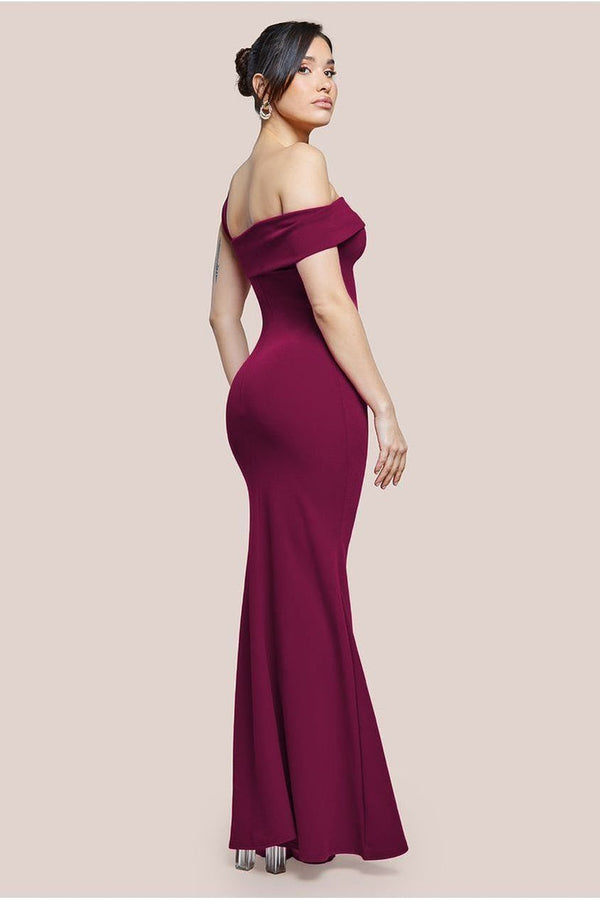 Goddiva Off The Shoulder Pleated Waist Maxi Dress - Berry By Goddiva