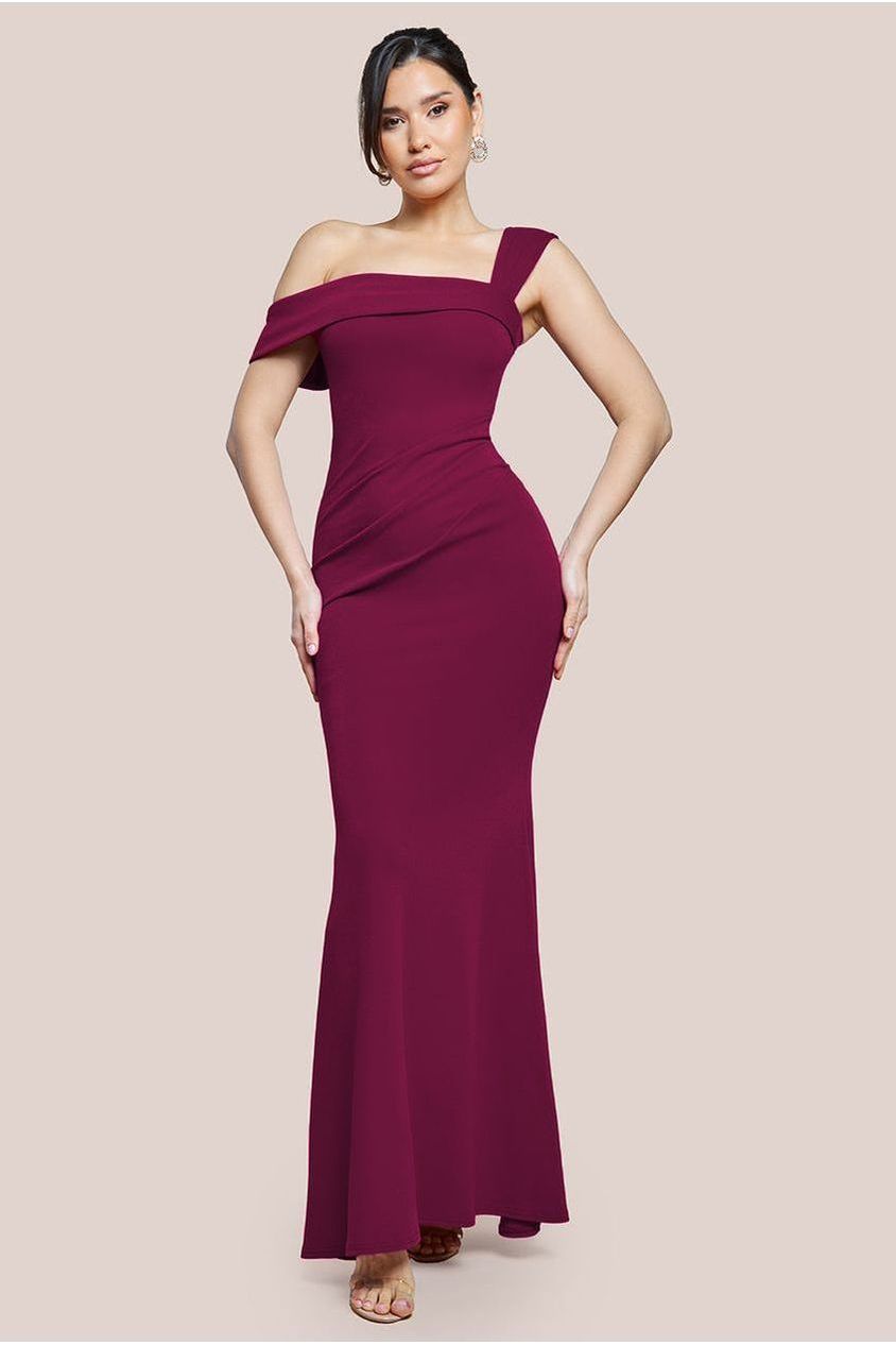 goddiva Off The Shoulder Pleated Waist Maxi Dress - Berry by Goddiva