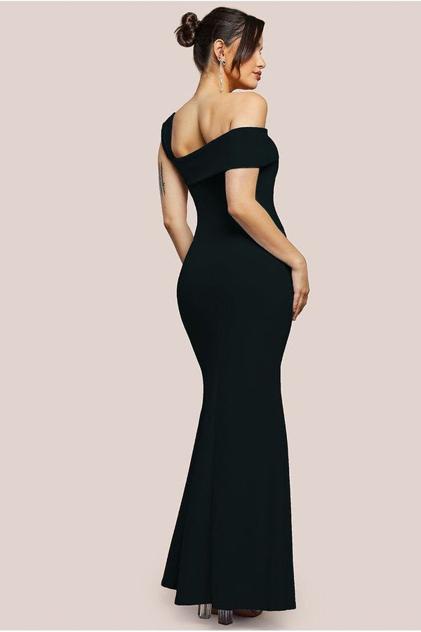 Goddiva Off The Shoulder Pleated Waist Maxi Dress - Black By Goddiva