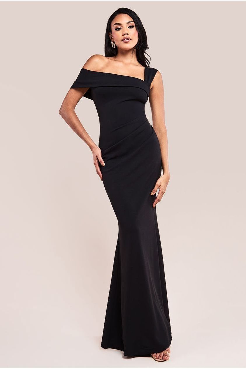 goddiva Off The Shoulder Pleated Waist Maxi Dress - Black by Goddiva