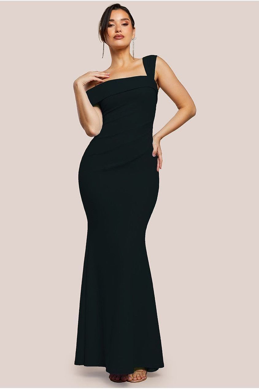 goddiva Off The Shoulder Pleated Waist Maxi Dress - Black by Goddiva