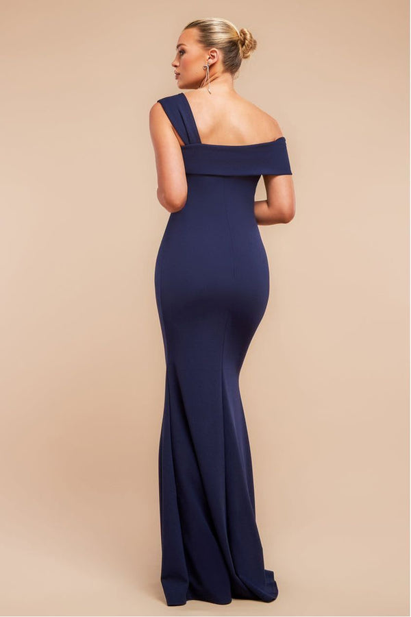 Goddiva Off The Shoulder Pleated Waist Maxi Dress - Navy By Goddiva