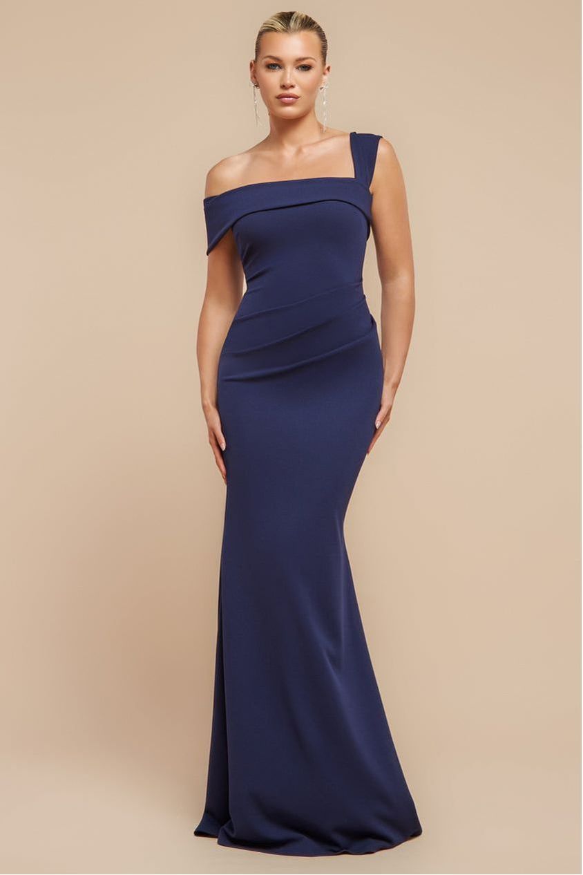 goddiva Off The Shoulder Pleated Waist Maxi Dress - Navy by Goddiva