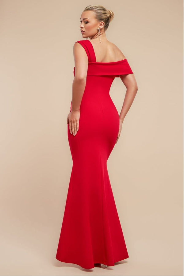 Goddiva Off The Shoulder Pleated Waist Maxi Dress - Red By Goddiva