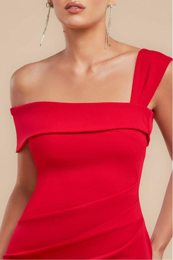 Goddiva Off The Shoulder Pleated Waist Maxi Dress - Red By Goddiva