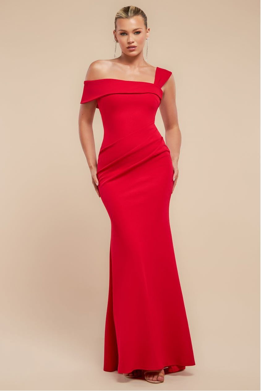 goddiva Off The Shoulder Pleated Waist Maxi Dress - Red by Goddiva