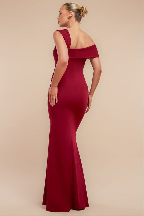 Goddiva Off The Shoulder Pleated Waist Maxi Dress - Wine By Goddiva
