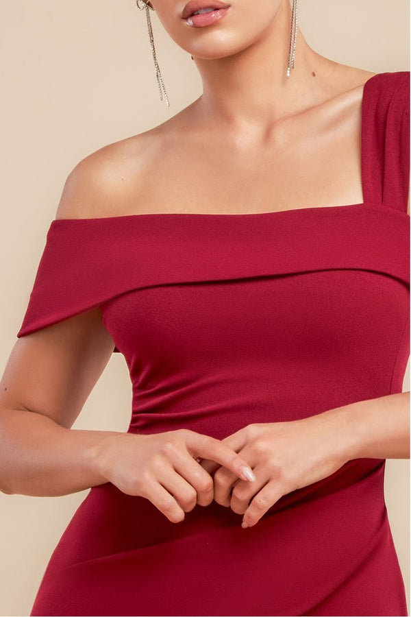 Goddiva Off The Shoulder Pleated Waist Maxi Dress - Wine By Goddiva