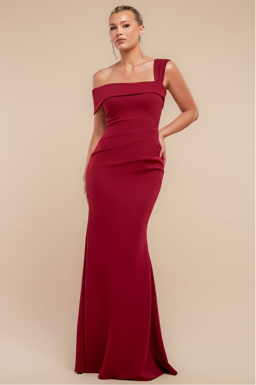 goddiva Off The Shoulder Pleated Waist Maxi Dress - Wine by Goddiva