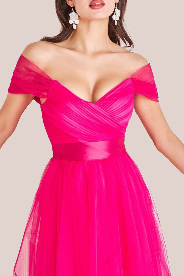 Goddiva Off The Shoulder Princess Maxi Dress - Hot Pink By Goddiva