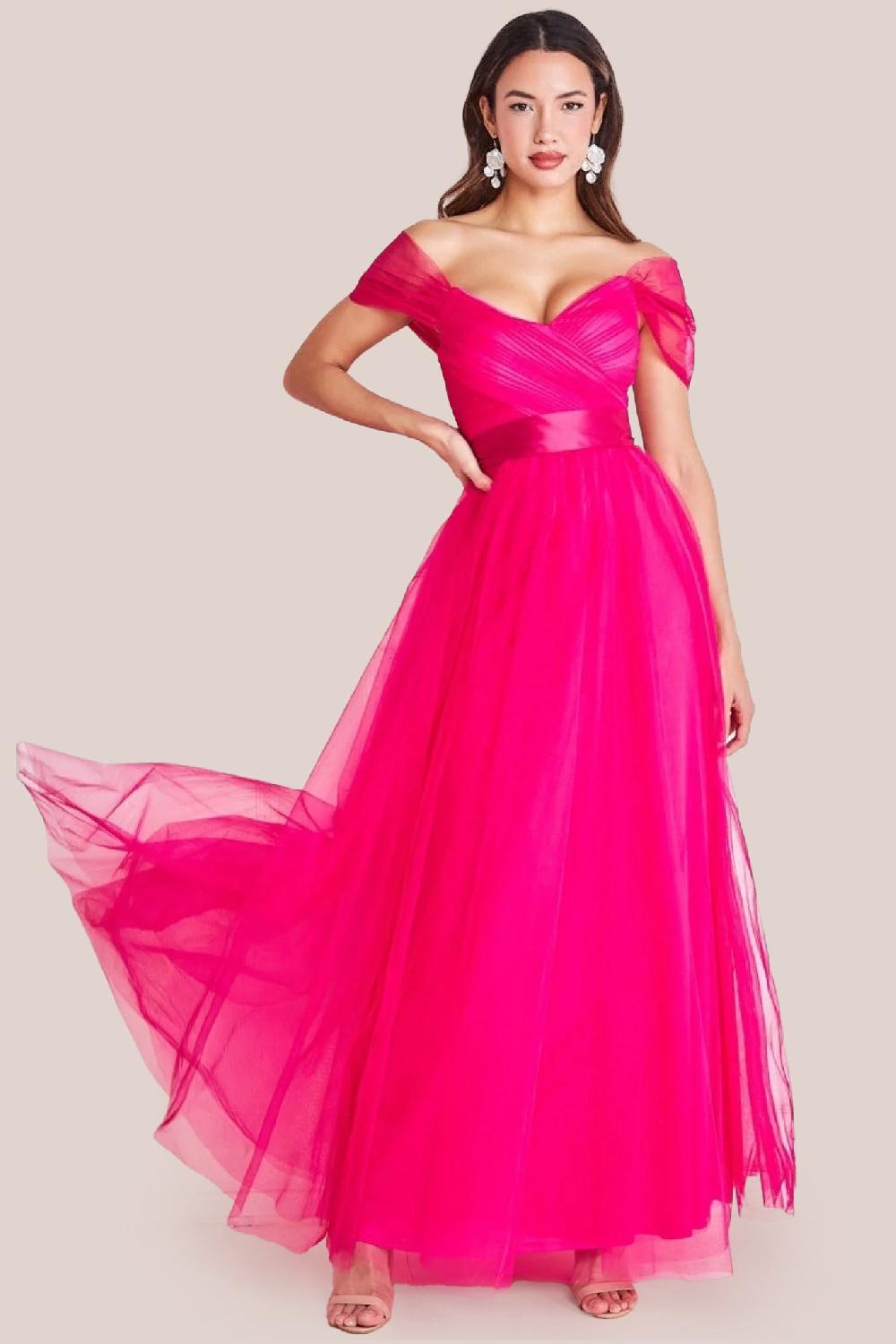 goddiva Off The Shoulder Princess Maxi Dress - Hot Pink by Goddiva