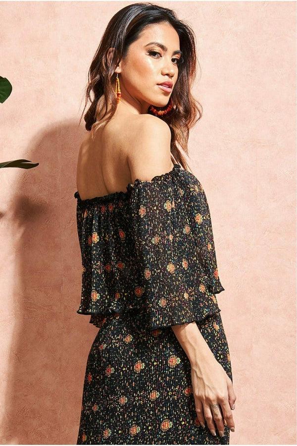 Goddiva Off The Shoulder Printed Crop Top - Black By City Goddess