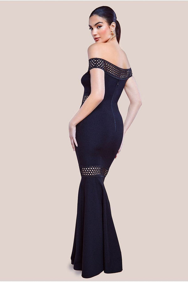 Goddiva Off The Shoulder Ribbed Bodycon Maxi Dress - Black By Goddiva