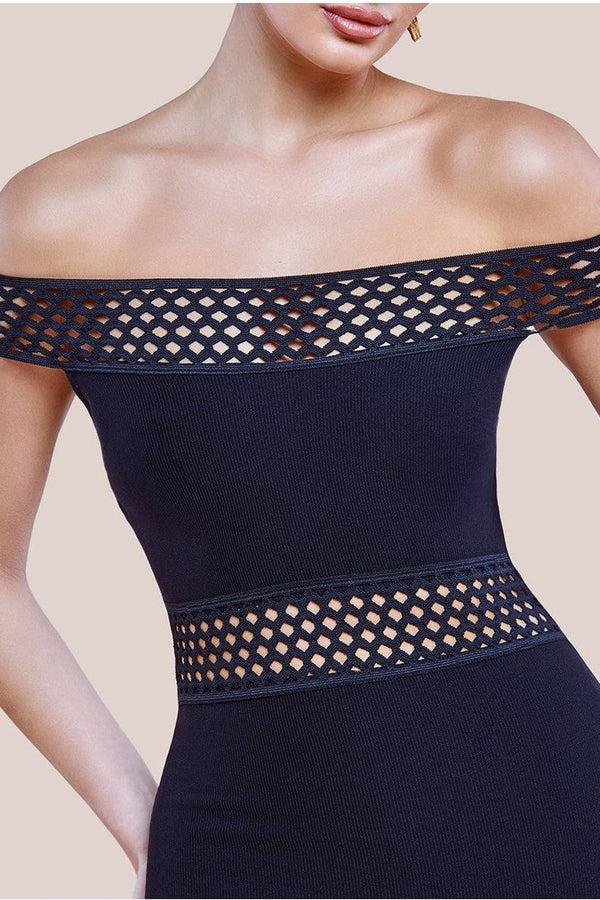 Goddiva Off The Shoulder Ribbed Bodycon Maxi Dress - Black By Goddiva