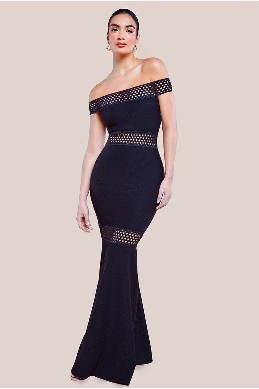goddiva Off The Shoulder Ribbed Bodycon Maxi Dress - Black by Goddiva