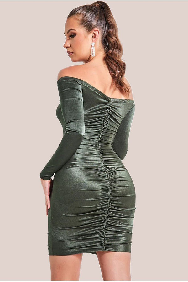 Goddiva Off The Shoulder Ruched Mini - Khaki By Goddiva