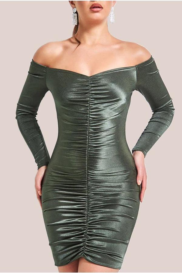 Goddiva Off The Shoulder Ruched Mini - Khaki By Goddiva