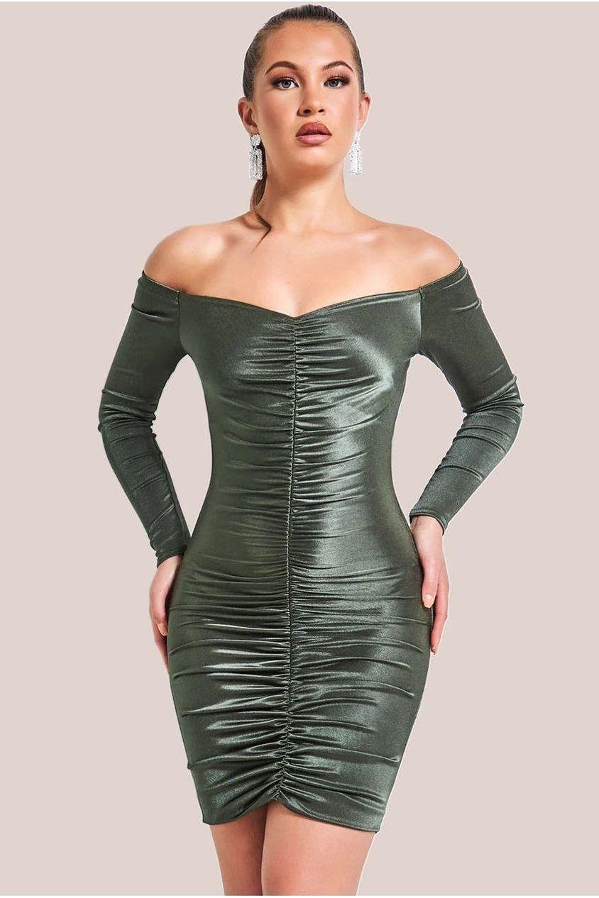 goddiva Off The Shoulder Ruched Mini - Khaki by Goddiva