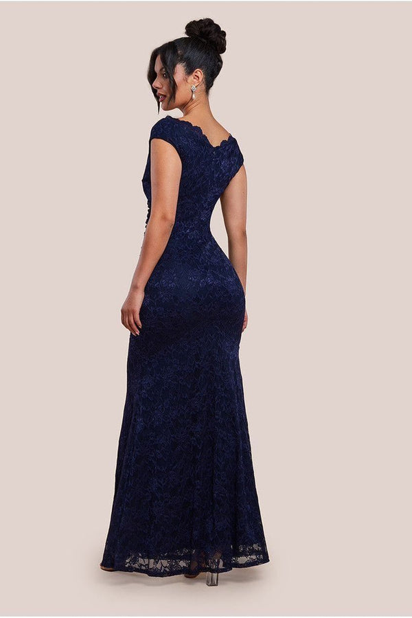 Goddiva Off The Shoulder Scalloped Neck Maxi Dress - Navy Blue By Goddiva