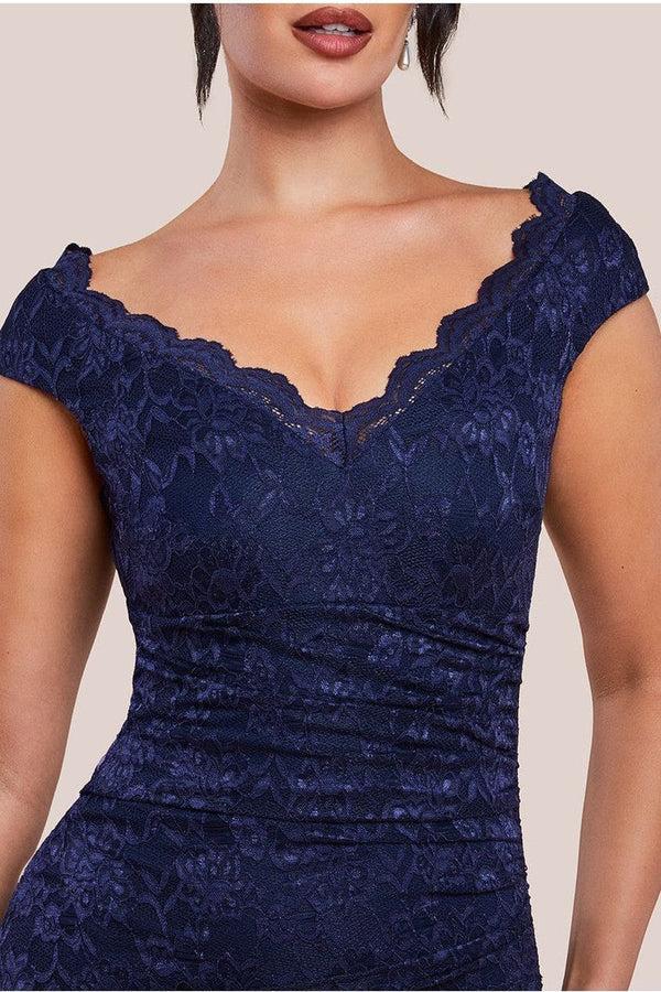 Goddiva Off The Shoulder Scalloped Neck Maxi Dress - Navy Blue By Goddiva