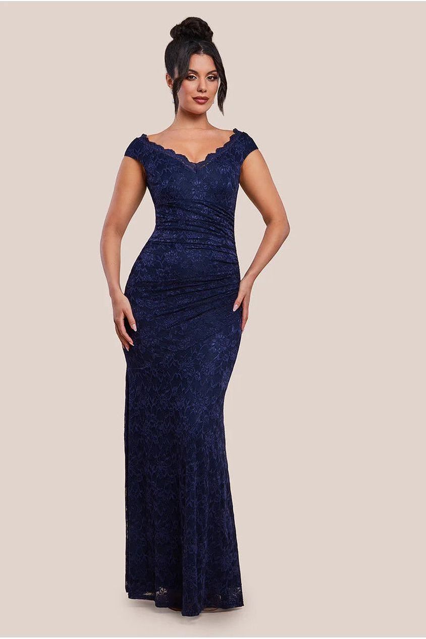goddiva Off The Shoulder Scalloped Neck Maxi Dress - Navy Blue by Goddiva