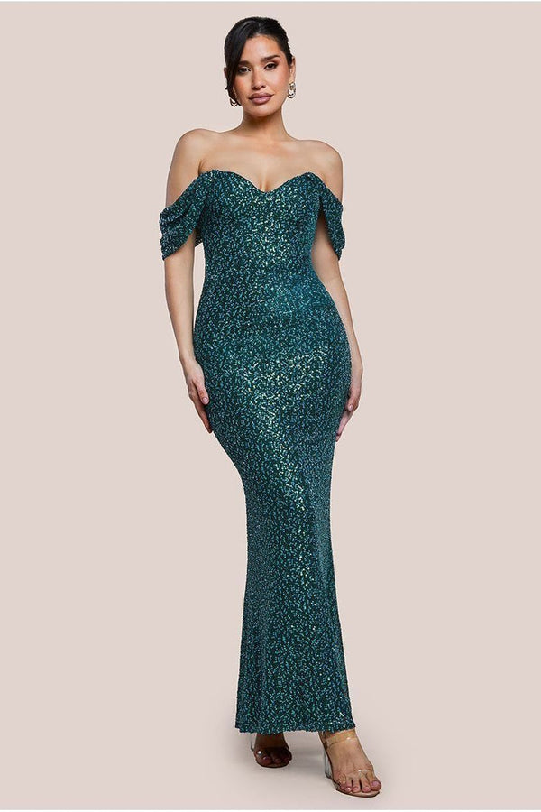 Goddiva Off The Shoulder Sequin Wing Maxi - Emerald Green By Goddiva