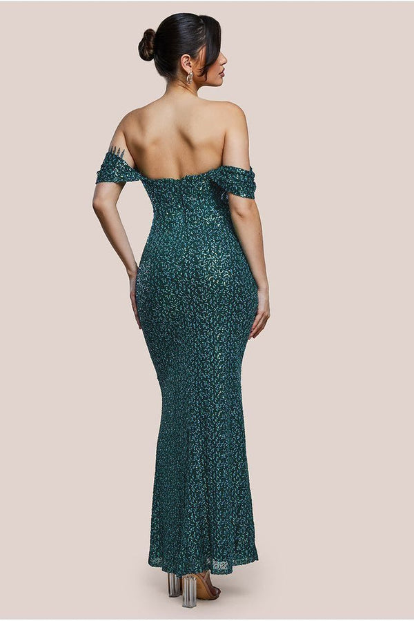 Goddiva Off The Shoulder Sequin Wing Maxi - Emerald Green By Goddiva